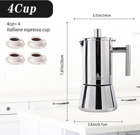 Stovetop Espresso Maker, 4Cup 6.8 oz Moka Pot, Stainless Steel Cuban and Italian Coffee Maker for Cafetera Cubana, Greca De Cafe Induction Stovetop Compatible, Coffee Gift for Home Travel