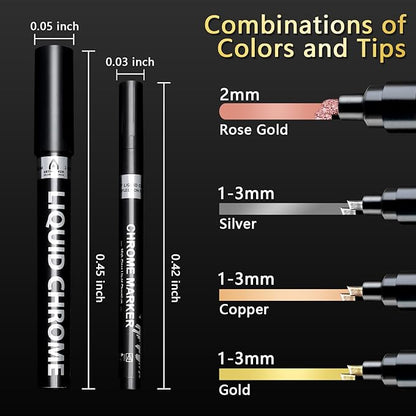 Renfio Chrome Paint Markers, 4 Colors Liquid Chrome Metallic Markers Mirror Repair Liquid Metallic Pen for Repairing Model Painting Resin DIY Craft Coloring (1-3mm) - Silver&Gold&Rose Gold&Copper