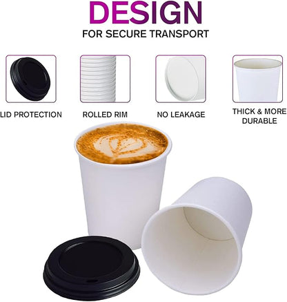 Smygoods White Disposable Paper Coffee Cups with Lids (16 OZ, 50 Count) For Hot Beverages, Tea, Espresso, Cocoa - To Go Drink Containers, Café & Office
