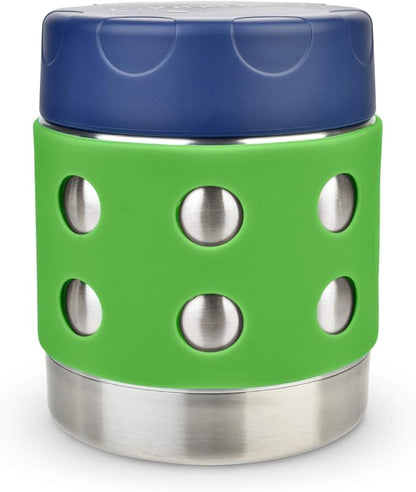 LunchBots Thermal 8 oz Triple Insulated Thermos - Hot 6 Hours or Cold 12 Hours - Leak Proof Thermos Soup Jar - All Stainless Interior - Navy Lid - Green Dots