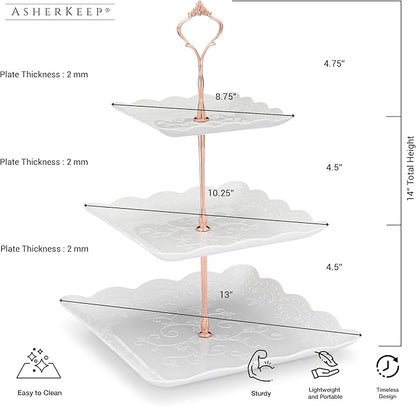 3 Tier Cupcake Stand - Dessert Table Display Set, Tiered Serving Cake Tray, White Embossed Dessert Stand, Parties Serving Plate, Decorative Centerpiece to Any Occasion - (Square)