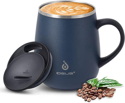 Ideus 16 oz Insulated Coffee Mug with Handle and Lid, Double Wall Stainless Steel Vacuum Thermal Coffee Mug, Travel Coffee Cup Thermal Cup for Home and Office, Navy Blue