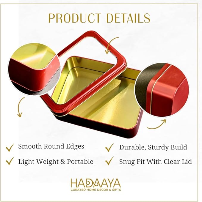 Pack of 2 Red Rectangular Metal Tin with Clear Lid – Gift Box for Cookies, Candy, Crafts & Storage – Ideal for Gifting, Home Decor & Party Favors