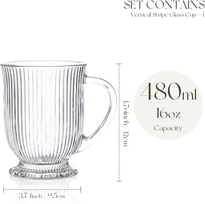 Clear Ribbed Glass Coffee Mugs Set of 4 with Spoon,16 Oz Large Glass Tea Cups with Handle Diner Latte Cups with Footed Base for Hot Beverages,Cappuccino & Espresso Cups, Stylish Drinkware