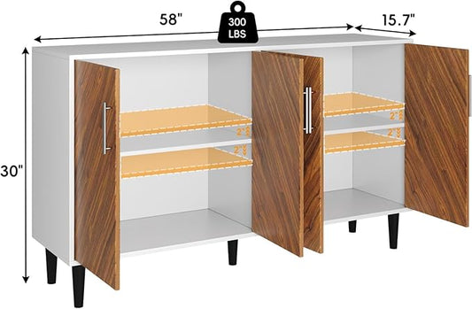4 EVER WINNER Coffee Bar Cabinet with 4 Doors, Sideboard Buffet Cabinet with Storage, Walnut Buffet Cabinet with Storage with Adjustable Shelves for Kitchen,Living Room,White