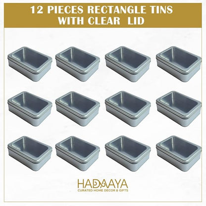Pack of 12 Silver Rectangular Tin Container With Clear Lid, Multipurpose Tin Box, Festive Tin Box for Gift Giving, Cookies, Stationery & More - 7.25 x 5.25 x 2.25 Inches