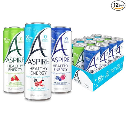 ASPIRE® The Fan Favorite Variety Pack, Healthy Energy Drink 80mg Natural Caffeine, Zero Sugar No Carbs Keto Friendly, 12 Pack Green Tea Sugar Free Drink Low Caffeine Zero Calorie