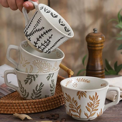 Ceramic Mug Set of 1 With Gold Spoon, 11oz - Vintage Coffee Mug, Pottery Cups for Milk, Latte, Cappuccino, Tea - Porcelain Dishwasher, Microwave Safe Stoneware 1 PCS Brown Leaf Cup