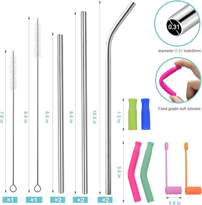 Reusable Stainless Steel Straws Set 6 PCS with 6 Silicone Tips, 2 Straw Brush, 1 Storage Case, Different Sizes of Metal Straws Reusable, Suitable for 14, 20, 30 oz Cups Tumbler，for Hot/Cold Drinks