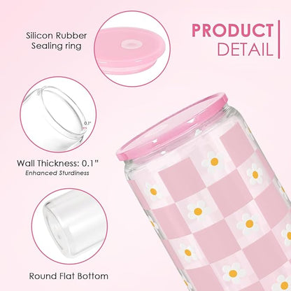 SANDJEST Checkerboard Daisies Glass Can, Floral Checker Cup with Lid & Straw, Iced Coffee Aesthetic Cups, Gift for Christmas Birthday Mother Day, Gifts for Women, 16oz