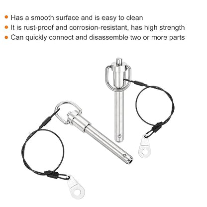 uxcell 1 Pcs Quick Release Pin, 3/8" x 2"(Dia. x L) Push-Button Ball Locking Pin 304 Stainless Steel Ring Handle Locking Pin with Wire for Audio Bimini Top Marine, Silver
