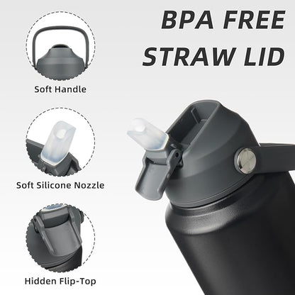 BJPKPK Insulated Water Bottle with Straw Lid, 40oz Large Thermos, BPA Free Leak Proof Stainless Steel Metal Water Bottles, Tumblers, Cups, Flasks for Travel, Sports,Black