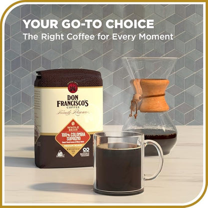 Don Francisco's Colombia Supremo Whole Bean Coffee, Medium Roast – 100% Arabica, 20 oz Bag, Premium Coffee for Drip, Pour Over and French Press