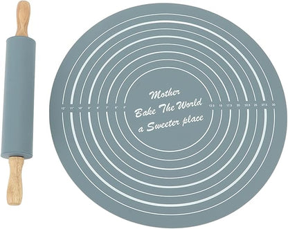 Large Silicone Rolling Pin Pastry Baking Mat Set for Kitchen (Grey)