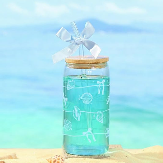 Ocean Animals Glass Cup with Lid and Straw, 16oz Iced Coffee Cup Tumbler Beach Gifts for Women Girls Conch Anniversary Birthday Mom Wife Sister Friends Colleagues