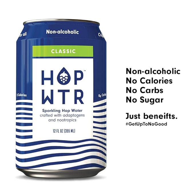 HOP WTR Sparkling Hop Water Peach 6 Pack, Blood Orange 6 Pack, Sugar Free, Low Carb Non Alcoholic Drinks, NA Beer, Adaptogen Drink, No Calories, Adaptogens & Nootropics for Added Benefits, 12 oz Cans