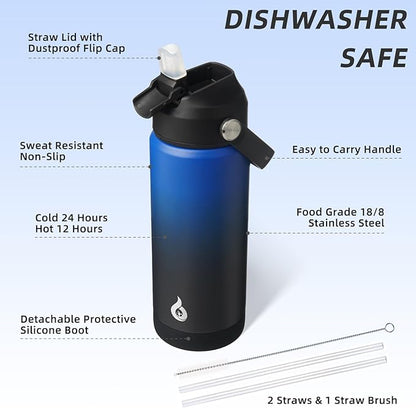 BJPKPK Insulated Water Bottle with Straw Lid, 18oz Thermos Water Bottles, Flex Handle & Non-slip Boot, BPA Free Leak Proof Stainless Steel Metal Thermos, Tumblers, Cups,Black Blue