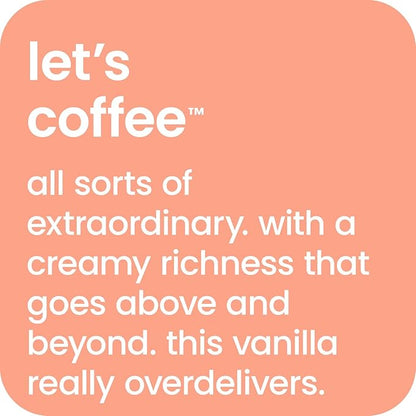 happy coffee canned vanilla latte, 11 oz. cans, 12 pack, notes of marshmallow & comfort, 100% arabica beans, no artificial flavors or sweeteners
