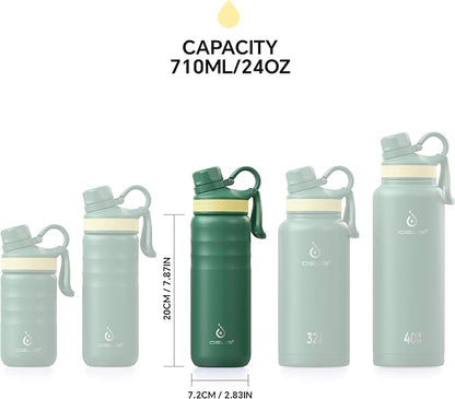 IDEUS Insulated Stainless Steel Water Bottle with 2 Leak-Proof Lids, Thermal Water Flask for Hiking Biking, 24oz, Green