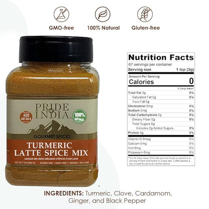 Pride of India - PACK of 6 - Turmeric Latte Spice Mix – Gourmet & Warm Tea Spice Blend – Healthy/Gluten-Free – Ideal for Lattes/Smoothies/Golden Milk – Easy to Store – 7 oz. Medium Dual Sifter Jar