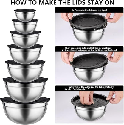 Mixing Bowls with Lids set - 25 PCS Stainless Steel Nesting Black Mixing Bowls Set for Baking, Mixing, Serving & Prepping, Size 5, 3.7, 2.8, 2.3, 1.7, 1.1, 0.7QT, 11 Cooking Utensils