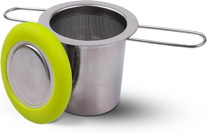Fenshine Tea Infuser Stainless Steel Tea Strainer Folding Handle Tea Filter Extra Fine Mesh Strainer Brewing Basket with Lid for Loose Leaf Tea (Green)