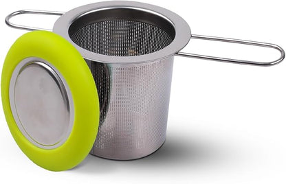 Fenshine Tea Infuser Stainless Steel Tea Strainer Folding Handle Tea Filter Extra Fine Mesh Strainer Brewing Basket with Lid for Loose Leaf Tea (Green)