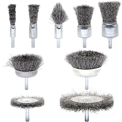 9-Piece Large Wire Brush Wheel Set - Metal Rust Removal, Polishing, Cleaning - 1/4″ (6mm) Shaft - Removes Burrs, Dust, and Paint - Handles Rough Surfaces - Rotary Tool Accessories