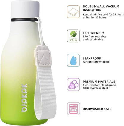 BJPKPK Insulated Water Bottles, 12oz Stainless Steel Metal Water Bottle with Strap, BPA Free Leak Proof Thermos, Mugs, Flasks, Reusable Water Bottle for Sports & Travel, Elegant Green