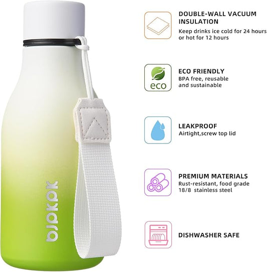 BJPKPK Insulated Water Bottles, 12oz Stainless Steel Metal Water Bottle with Strap, BPA Free Leak Proof Thermos, Mugs, Flasks, Reusable Water Bottle for Sports & Travel, Elegant Green
