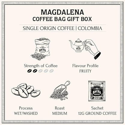 Bacha Coffee | Magdalena Colombia Single Origin, Medium Roast, 100% Arabica Specialty Coffee, 12 Coffee Drip Bags, Gift Box