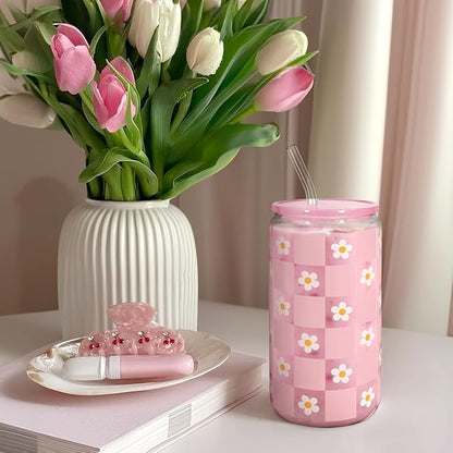 SANDJEST Checkerboard Daisies Glass Can, Floral Checker Cup with Lid & Straw, Iced Coffee Aesthetic Cups, Gift for Christmas Birthday Mother Day, Gifts for Women, 16oz