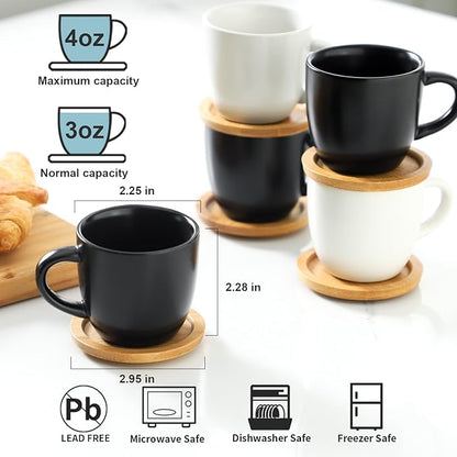 Hasense 4 OZ Espresso Cups and Saucers Set of 6, Demitasse Cups with Handle for Latte, Cappuccino, Cafe Mocha and Tea, Porcelain Coffee Cups for Coffee Bar and Party, Black
