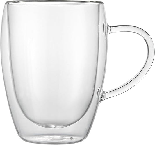 Restaurantware-Forma Professional 11.8 Ounce Glass Coffee Cups, 12 Insulated Coffee Cups With Handle - Dishwashable, Reusable, Clear Double Wall Beverage Tumblers, Freezable For Hot Or Cold Beverages