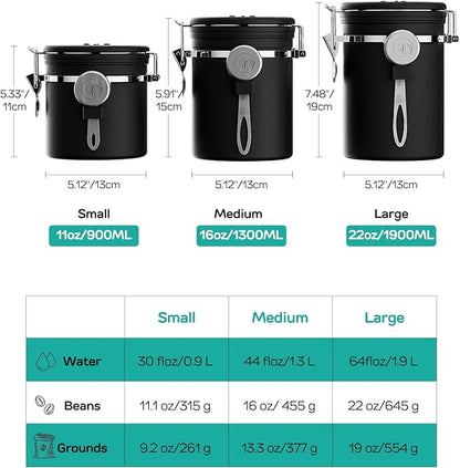 Coffee Gator Coffee Canister, 22oz Airtight Stainless Steel Kitchen Food Storage Container with Date Tracker, Valve, Scoop for Sugar, Grounds, Beans, Tea, Sugar, Cereal, Flour, Cookies Jars - Black