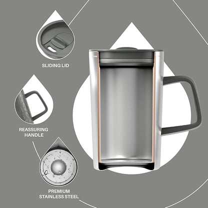 Ideus Vacuum Insulated Coffee Mug, 16oz Reusable Stainless Steel Thermal Double Walled cup with Handle and Slider Lid for Hot & Cold Beverages, BPA Free (Leapord Gray)