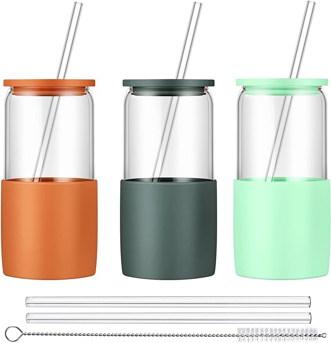 Sunseeke Glass Tumbler with Straw and Lid, 16oz Ice Coffee Cup, Silicone Sleeve Cleaning Brushes, Drinking Glasses for Water, Iced Coffee, Smoothie -BPA Free -3Pack