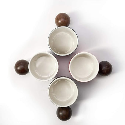 Ceramic Mini Espresso Cups Demitasse Cups with Round Wooden Handle Vertical Stripes Tea Cups (white, 2pcs)