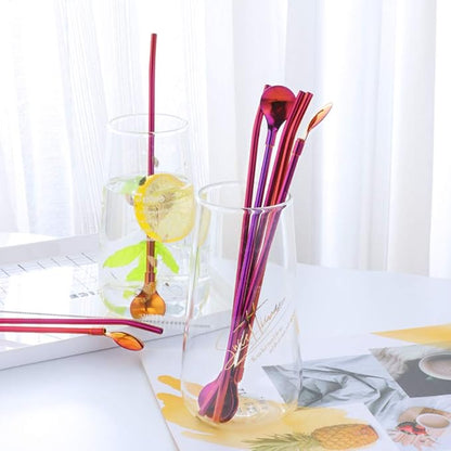 Straw Spoon, 8PCS 8.5inch Orange Red 18/8(304) Stainless Steel Metal Straws Reusable + 2 Brushes