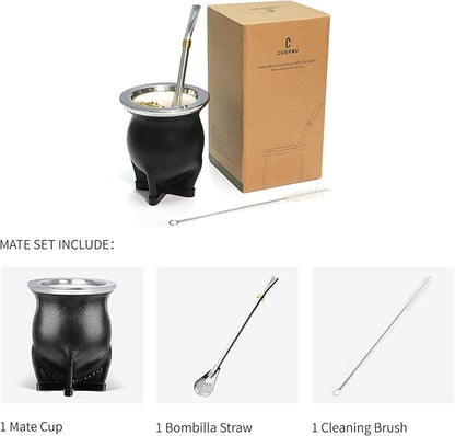 Ceramic Liner Yerba Mate Cup Argentina Gourd with Mate Bombilla Straw, Cleaning Brush (Black)