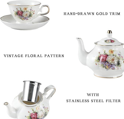 Sweejar Porcelain Tea Sets, Vintage British Floral Relief Gold Rimmed Teapot Cup and Saucer Set, Tea Set Service for 6, with Teapot, Sugar Bowl, Milk Jug, Spoons, Tea Cup and Saucer (Flower Style)