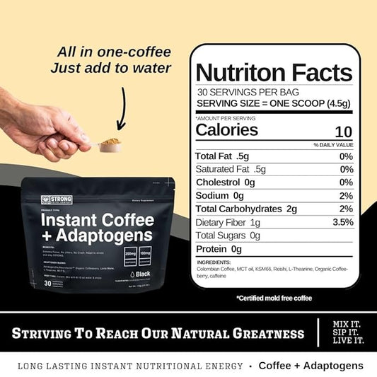 STRONG COFFEE COMPANY Organic Instant Black Coffee - Individual Servings, Extreme Focus, Adaptogen Coffee, No Jitters, No Crash (1, 30 Packets)