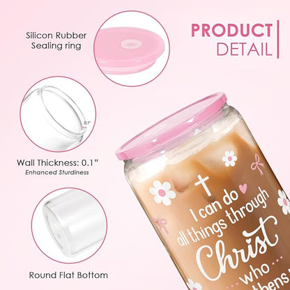 SANDJEST Christian Glass Can Tumbler 16oz, Inspirational Glass Cup with Lid & Straw, Iced Coffee Aesthetic Cups for Women Girls, Gifts Idea for Christmas Birthday