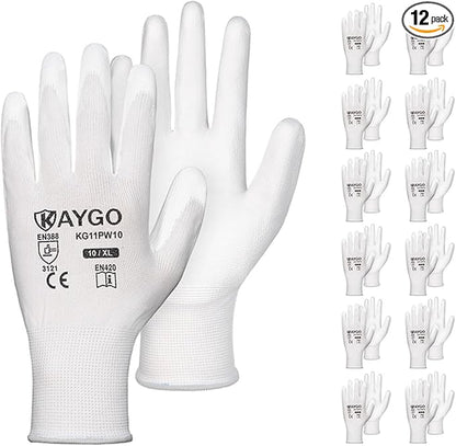 KAYGO Safety Work Gloves PU Coated-12 Pairs, KG11PB, Seamless Knit Glove with Polyurethane Coated Smooth Grip on Palm & Fingers, for Men and Women, Ideal for General Duty Work (X-Large, White)