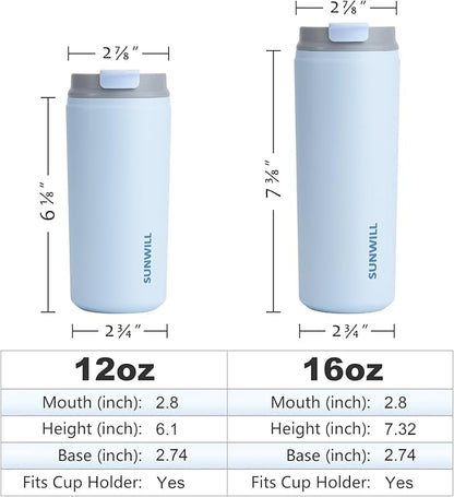 SUNWILL Insulated Coffee Mug with Lid, Leak Proof Tumbler Stainless Steel, 12 oz Travel Cup for Office, Home, Powder Coated Iceberg