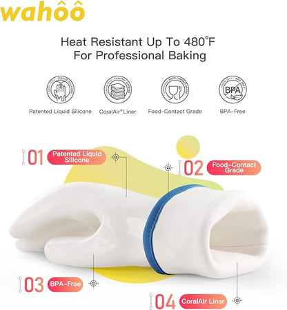 wahoo Professional Liquid Silicone Oven Mitts Gloves, Heat Resistant Gloves for Cooking, Baking, CoralAir Liner, 12 Inch, White, Large