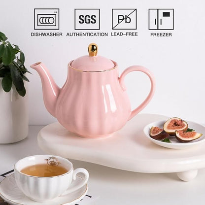 Sweejar Royal Teapot, Ceramic Tea Pot with Removable Stainless Steel Infuser, Blooming & Loose Leaf Teapot - 40 Ounce (Pink)