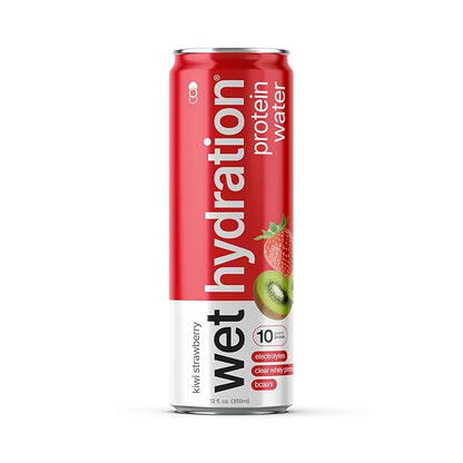 Wet Hydration Protein Water | Electrolyte Drink with Clear Whey Protein & BCAAs - Kiwi Strawberry Flavor (12oz Cans, Pack of 12) | Zero Sugar, 10g Protein, Low Calorie, Functional Hydration