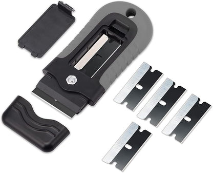 Gomake Locking Razor Blade Scraper with Safety Cap, Glass Cooktop Scraper with 10PCS Black Carbon Steel Blades for Glass Clean, Paint and Old Label,Decal Sticker Remover, Stove Top Scraper Tool