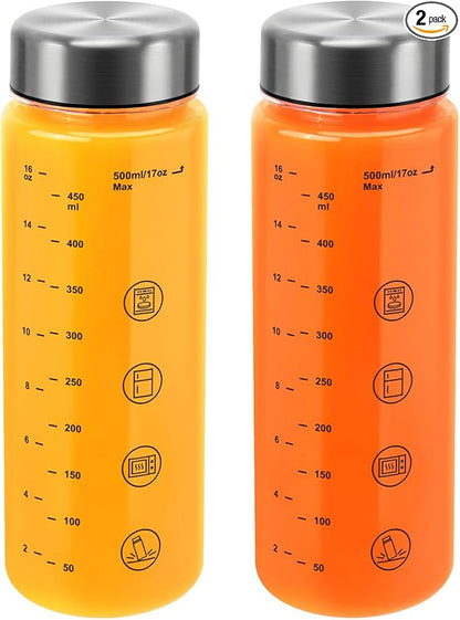 2 Pack Juice Bottles with Caps - Wide Mouth Resuable Clear Plastic Water Bottles for Juicing,Smoothie,Protein, Beverage,Storage Containers,BPA Free,Leakproof Stainless Steel Lid(16 Ounces)